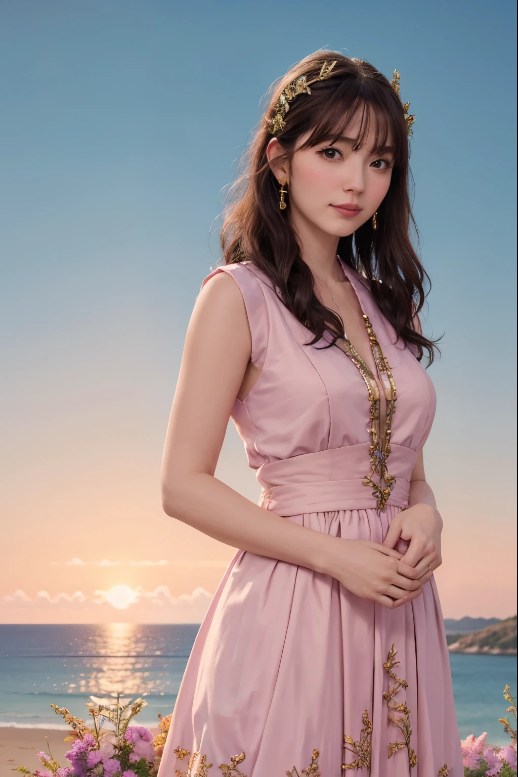 Here is the image of a celestial goddess set against a pastel-colored dawn sky, designed to match the serene and divine atmosphere of the previous depiction. I hope this version aligns more closely with what you're looking for!, healer, purple, aura, golden, glowing, heaven