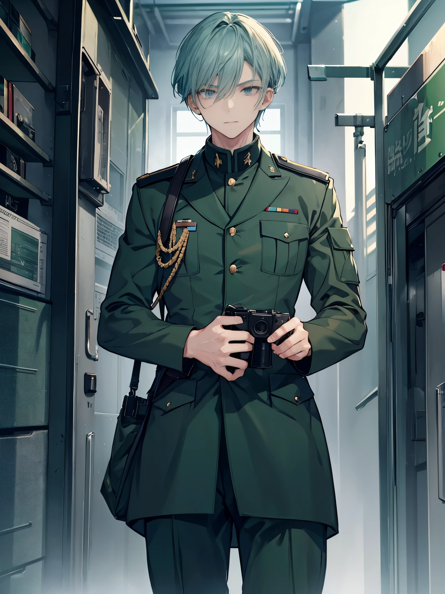 1 man, ((dark green clothes)), ((frost blue hair)), ((grey eyes)), ((military uniform)), male