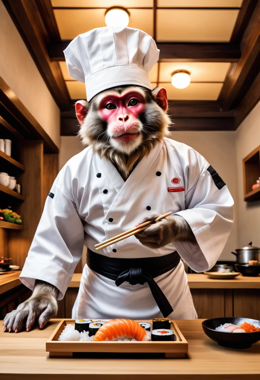 Anthropomorphic snow monkey dressed as a traditional sushi chef, in traditional izzkaya, wood counter, view from below looking up, photorealistic, high quality photography, 