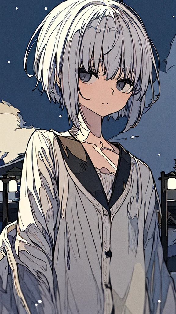 (masterpiece、highest quality)、Short nape hair、1 girl with very short white hair、Black cardigan、Grim expression、Grey Eyes、Warm lighting、 Blurred foreground、Deep in the night、High Contrast、night,Heavy snowfall,winter,full moon