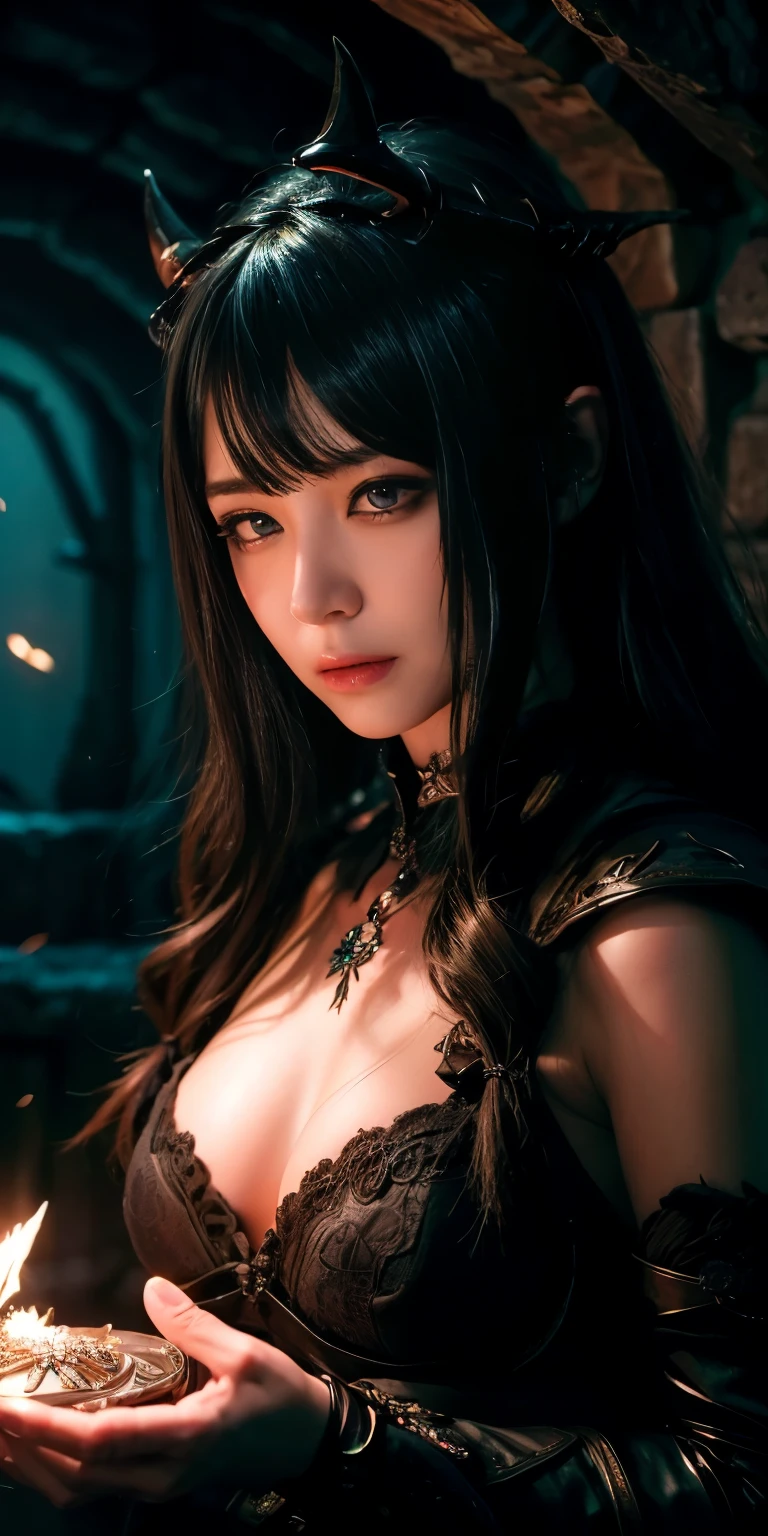 OK、(Best illustrations)、8K UHD resolution、Intricate details、最high quality、Realistic、Very detailed、Best lighting、Best Shadow、Soft lighting、Ultra HD、Dungeons and Dragon、cave、Dungeons、 Necromancer、night、Dark Style、Succubus、devil&#39;daughter、Bat Wings，(((devil horns)))、((((Black-rimmed round glasses))))、(((Huge breasts)))、(devil&#39;tail)、(Red eyes glow:1.6)、masterpiece、Beautiful Face、Tyndall effect、photographリアル、(High resolutionスキン:1.2)、8KUHD、Digital SLR、high quality、photograph、High resolution、 Absurd、Ponytail Distortion、The optimal ratio is four fingers to one thumb.、1 girl、hair ornaments、赤い輝くgemのネックレス、gem、Beautiful expression、Body Up、Big breasts are important、Tight waist、Wide ass、Tyndall effect、Realistic、(High resolutionスキン:1.2)、