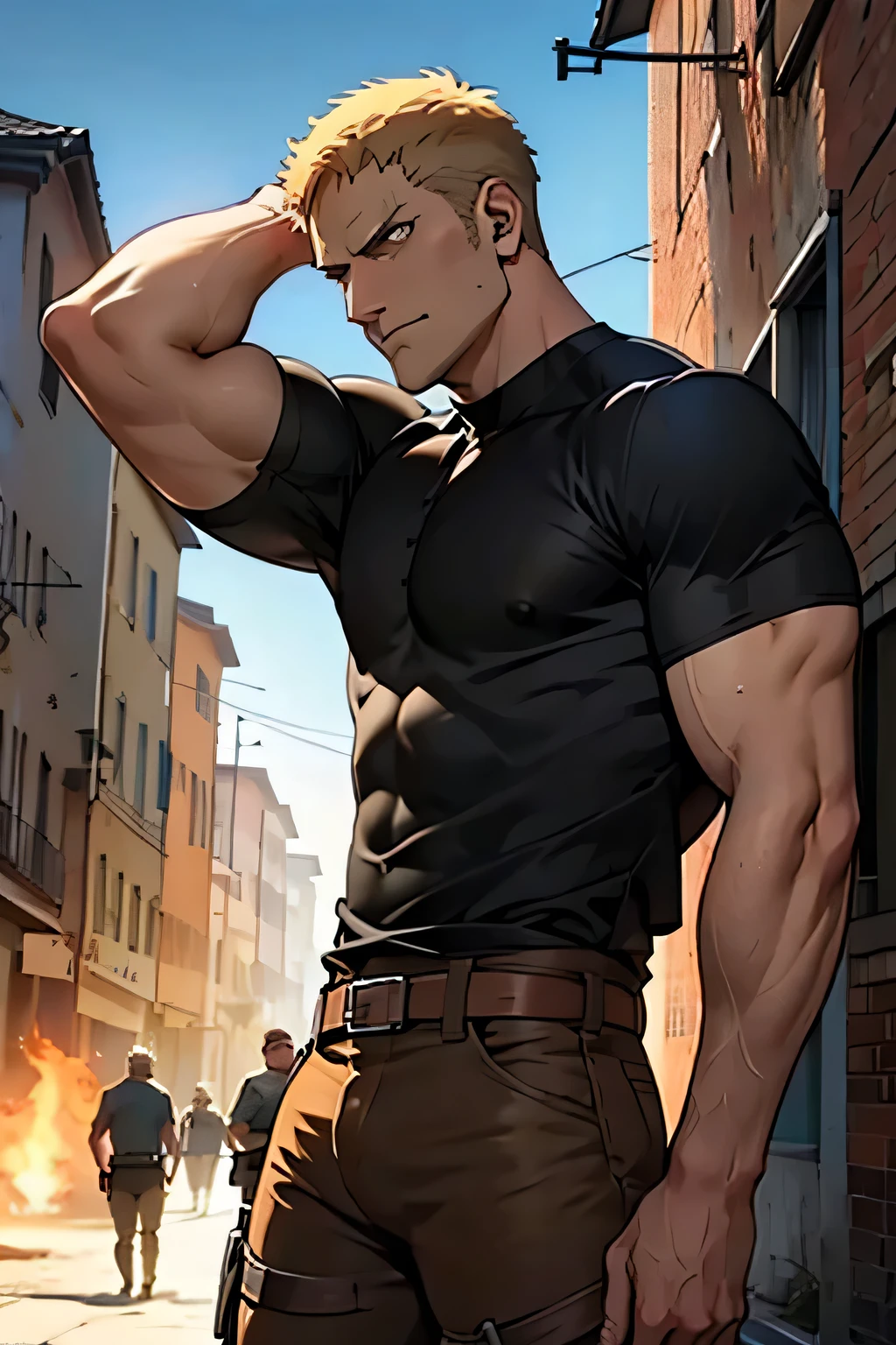 Reiner Braun from attack on titan is showing his muscles in a black shirt
