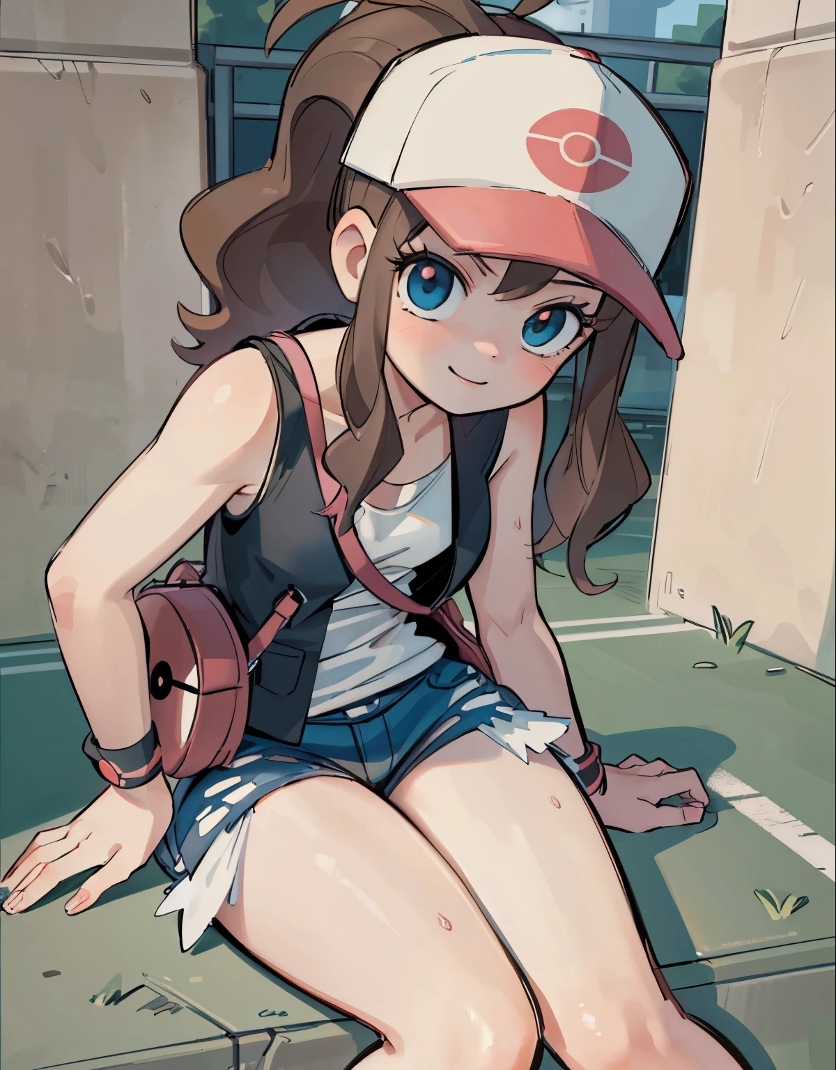 (best quality, highres, masterpiece:1.2), ultra-detailed, realistic:1.37, sketches, hilda pokemon, def1, teenage girl, sitting on her knees, visible thighs, chubby thighs, thighs in the foreground, body shape, dirty underpass, underpass, scary underpass, sentada junto a un hombre, hombre tocando su cuerpo, curious look, pokeballs, smile, encanto fe******, downblouse