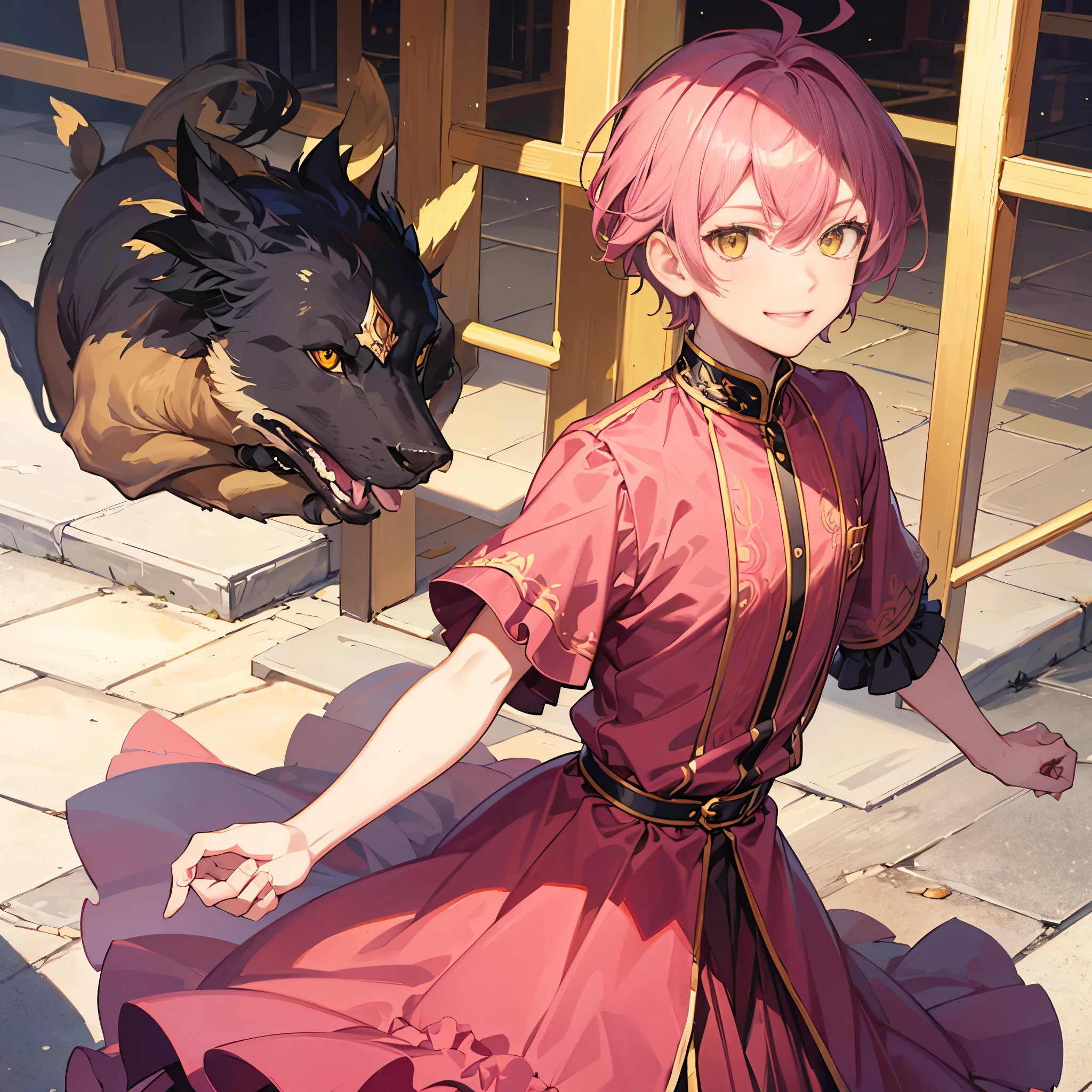 Features, male, Pink and neat hair, short hair, Elegant pink dress, Triumphant look, Bold smile, Yellow eyes, Light skin tone, 1 boy, ager, Lovely