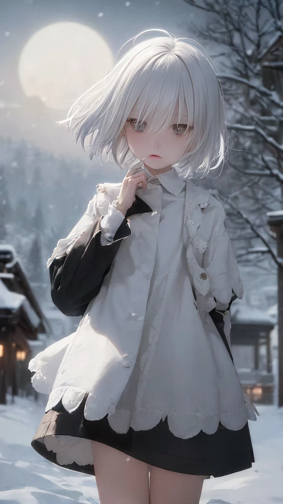 (masterpiece、highest quality)、Short nape hair、1 girl with very short white hair、Black cardigan、Grim expression、Grey Eyes、Warm lighting、 Blurred foreground、Deep in the night、High Contrast、night,Heavy snowfall,winter,full moon