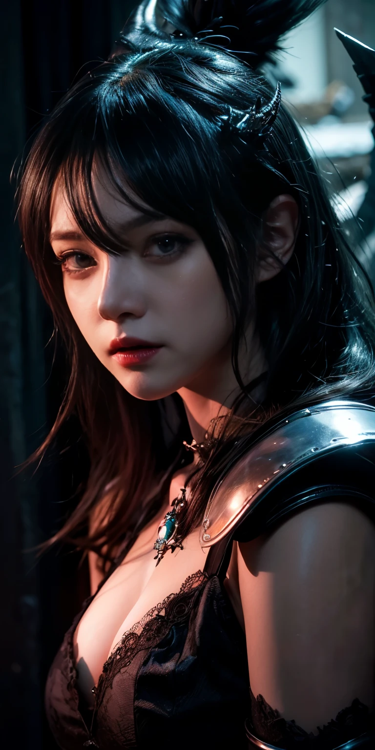 amoled ultra realistic photograph of a 25 years old european girl, RAW, beautiful woman, (extra long wavy black hair), ((portrait)), ((detailed face:1.2)), ((detailed facial features)), (finely detailed skin), pale skin, (high detailed deep cleavage cyberpunk steel dress), black background, (cold colors), damp, moist, reflections, (masterpiece) (perfect proportion)(realistic photo),(best quality), (detailed), (amoled neon lighting), (sharp focus) (intricate)