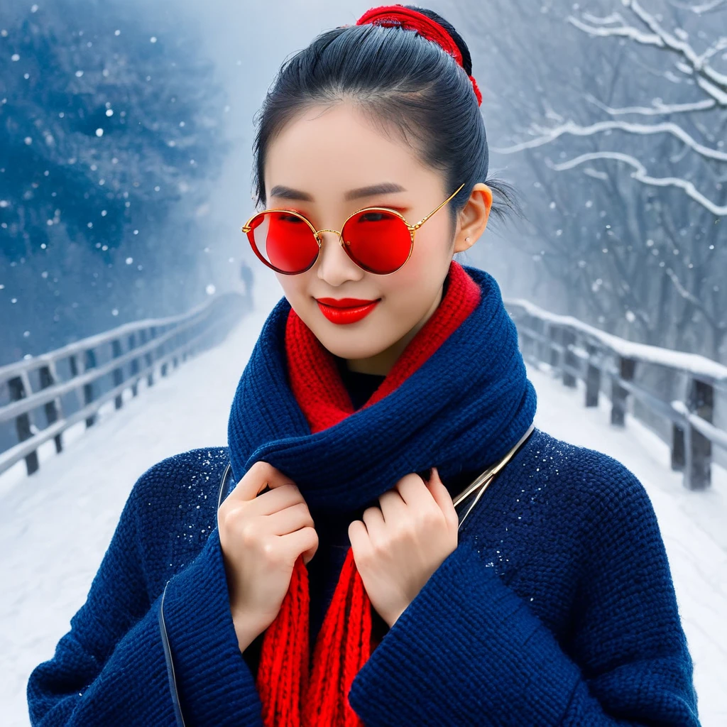 (Modern art fashion character design), very unified CG, (half body close-up), snowy background,
(A beautiful Chinese girl gently smiles and prays), (a red exaggerated and wide woolen scarf covering half of her face: 1.1), (wearing black sunglasses and combing her buns: 1.2), a harmonious combination of classic and modern, (a dark blue sweater coat), the girl's fair and flawless smooth skin, high nose bridge, head up posture, sad and beautiful, slender figure, exquisite facial features, rotating mist illustrations, ink painting, Black hair, meatball, tsundere, surrealism, contemporary art photography, illustrated action painting, abstract expressionism, Pixar, depth of field, motion blur, backlight, radiation, fading, head up angle, Sony FE GM, UHD, masterpieces, precision, textured skin, super details, high details, high quality, award winning, best quality, high level, 16k, shot from a bottom-up perspective, funny,