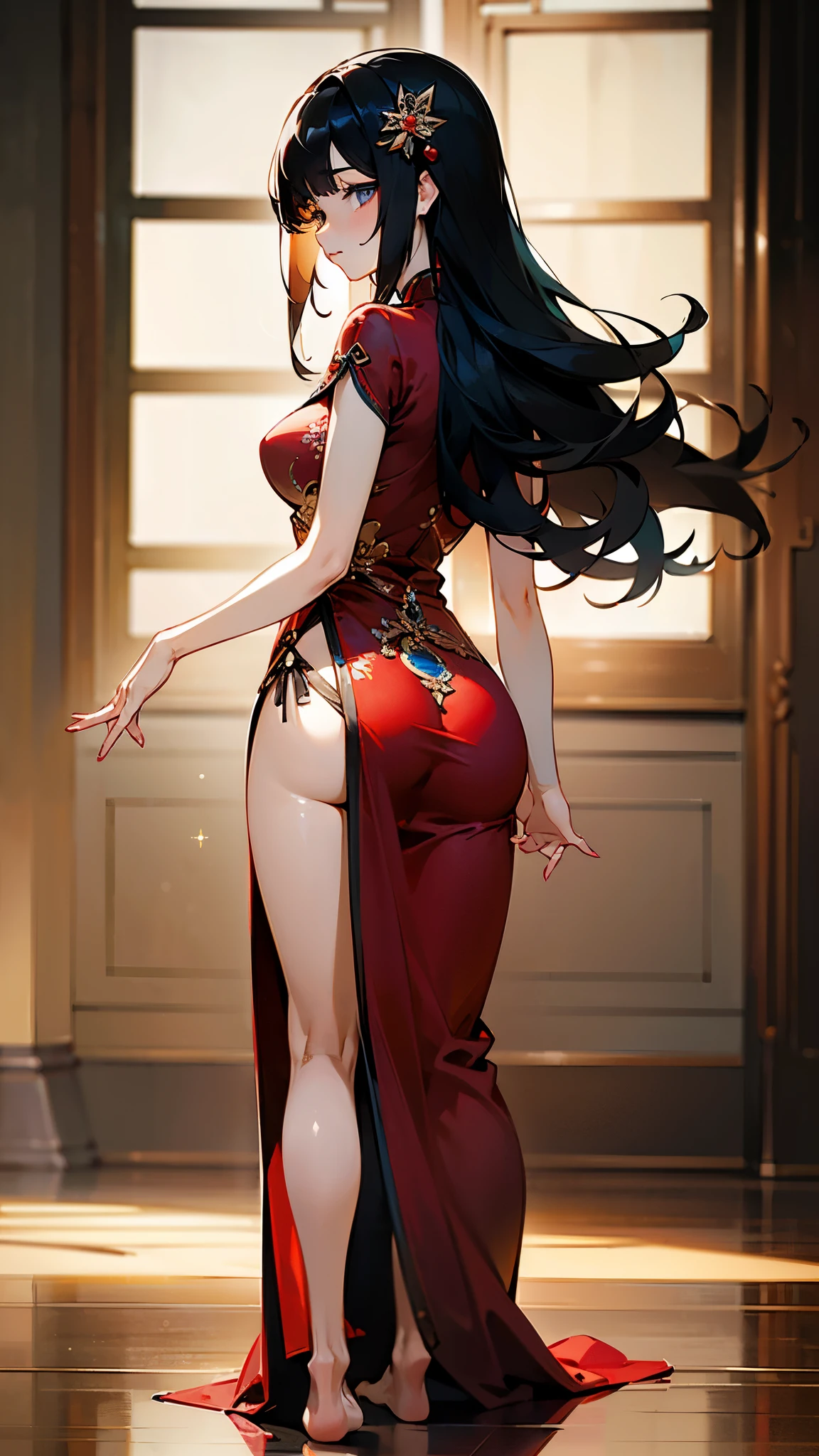 (Realistic:1.3), (masterpiece:1.2), (photoRealistic:1.2), (highest quality), (Detailed skin:1.3), (Intricate details), Reduces light reflections, 1 woman, 19 years old, Detailed skin texture, (blush:0.6), Scattered beneath the surface, smile, (Black Hair), Straight Hair, Long Hair, Calm hair, bangs, Hair between the eyes, Hair volume is low, Sparkling blue eyes, Lens Eye, Light reflection in the eyes, Symmetrical eyes, looking at the camera, hair ornaments, (wear_Red Chinese Dress), Long Skirt, Slit only on the right side, ((Red Chinese Dress)), Knee-length skirt with two legs, Only two arms, Five fingers, Two joints in the fingers, barefoot, Depict the whole body, (from behind), Inside the room, ((Do not hide the crotch)), (Black panties), ((Show your vagina)), Don't mix clothes and panties,( Panties get caught on legs), Panties partially removed, (((Show your back))), Show your ass, (((Flip up the skirt)))