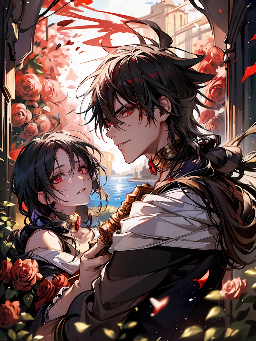 ((A ruined city full of rubble)),(After the war),((Vast landscape full of rubble)),(boy wearing tattered clothes),((漆blackと赤毛)),(Glassy Eyes),((Sit on the ground)),((Glaring at me)),(Open your mouth a little),((Dark red eyes)),((Monochrome World)),((black,gray,red tint)),((Necklace and ring decorated with many deep red gemstones)),((holding a flower in her hand)),(Sharp Eyes),(((Adult male))),(Face close-up),(put the petals in your mouth),