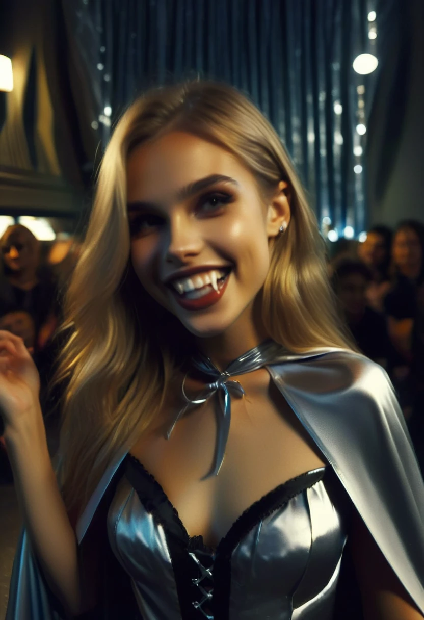 Vampyfangs1 , (RAW photo) , 1girl, cute, 20 years old, long blonde hair , smiling, look at viewer, ((((silver satin cape tied at the neck)))+++, side spilt skirt , photo, realistic, best quality, hires, detailed face, detailed background, diffused lighting, depth of field, bokeh