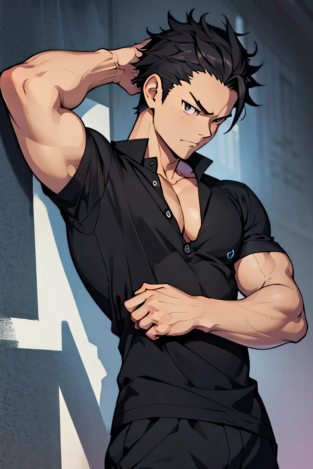 Subaru Natsuki from Re:Zero is flexing his biceps in a black shirt