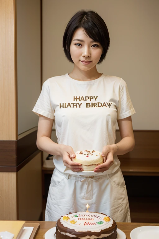 create an image of a Japanese woman with short hair holding a cake with the inscription "Happy Birthday"