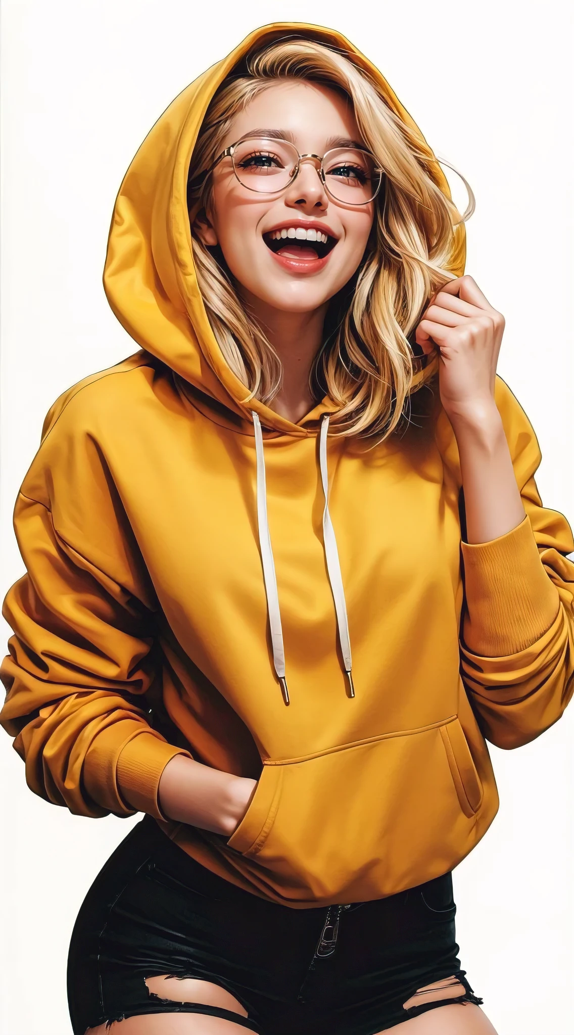 A stunning illustration of a fashionable, blonde woman in a yellow hoodie and glasses, laughing joyfully. The artwork exudes realism, showcasing top-tier artistic skill. The character's outfit is trendy and fashionable, with a playful yet sophisticated aura. Her vibrant laughter captivates attention, creating a sense of warmth and happiness. The overall atmosphere of the piece is vibrant and captivating., anime, illustration, fashion