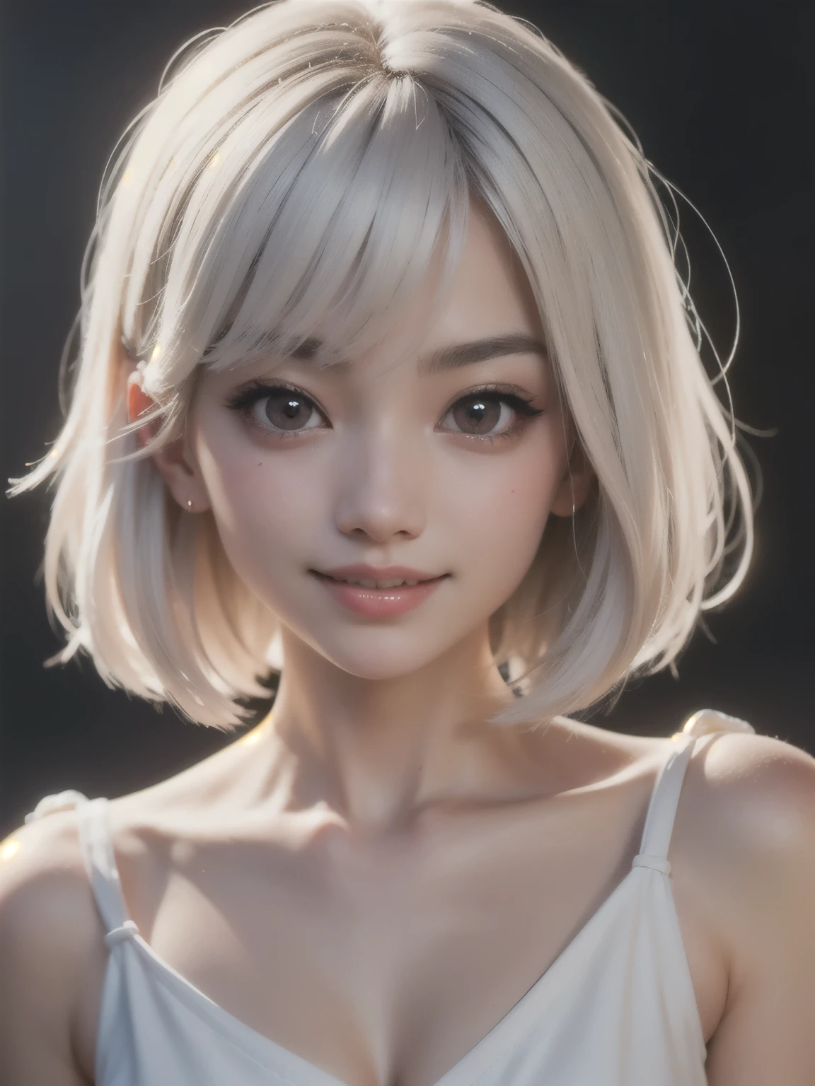 ((best quality)), ((masterpiece)), (detailed), perfect face. White hair. Anime girl. Short hair. Asian girl. Ulzzang. Pink eyes. Glowing eyes. Smile. V neck. 