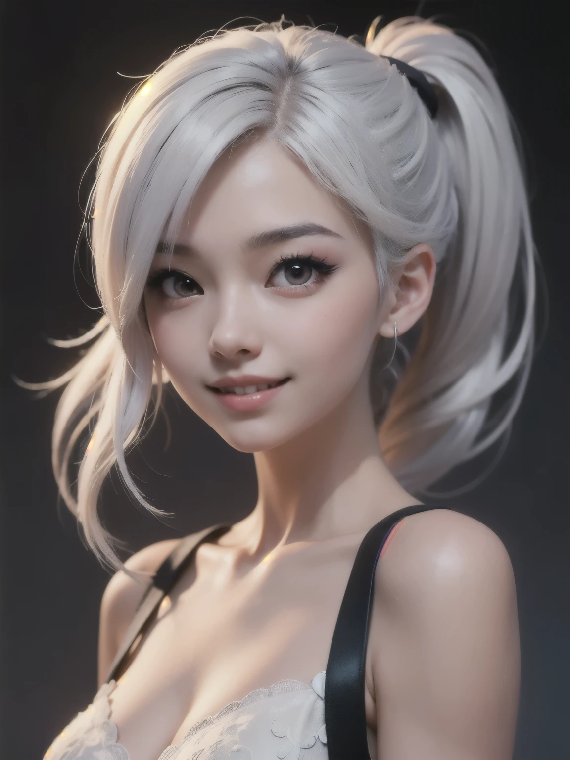((best quality)), ((masterpiece)), (detailed), perfect face. White hair. Anime girl. Ponytail. Asian girl. Ulzzang. Pink eyes. Glowing eyes. Smile. V neck.