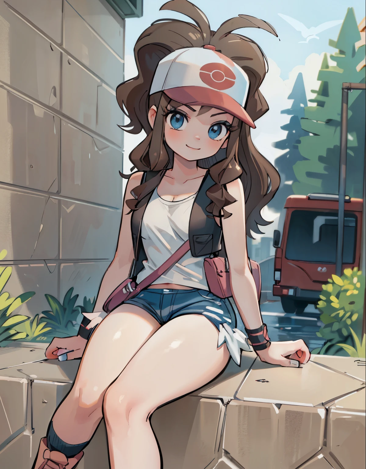 (best quality, highres, masterpiece:1.2), ultra-detailed, realistic:1.37, sketches, hilda pokemon, def1, teenage girl, sitting on her knees, visible thighs, chubby thighs, thighs in the foreground, body shape, dirty underpass, underpass, scary underpass, sentada junto a un hombre, hombre tocando su cuerpo, curious look, pokeballs, smile, encanto femenino, downblouse