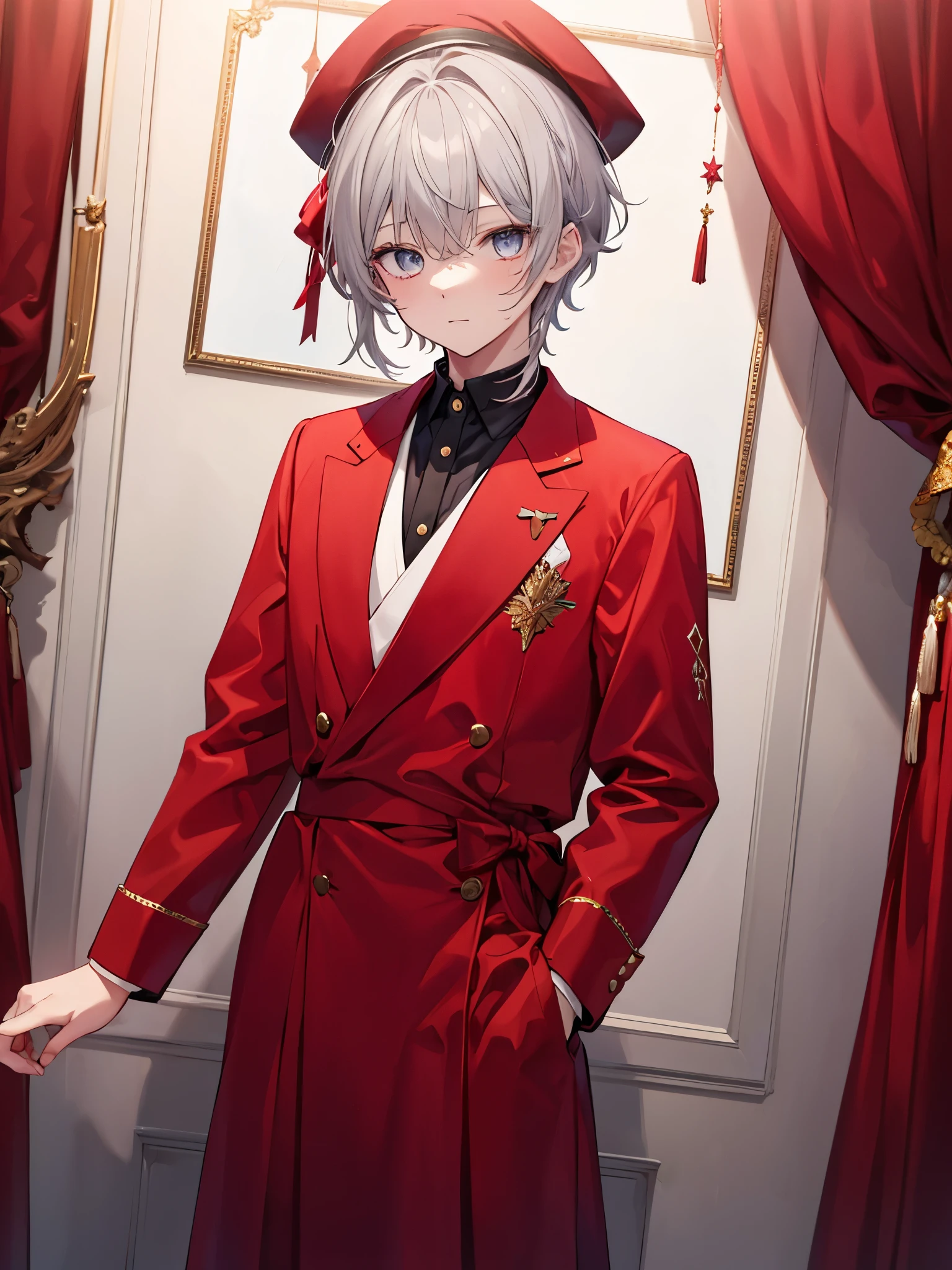 1boy, grey hair, beautiful boy, crimson color eyes, idol costume, red clothes