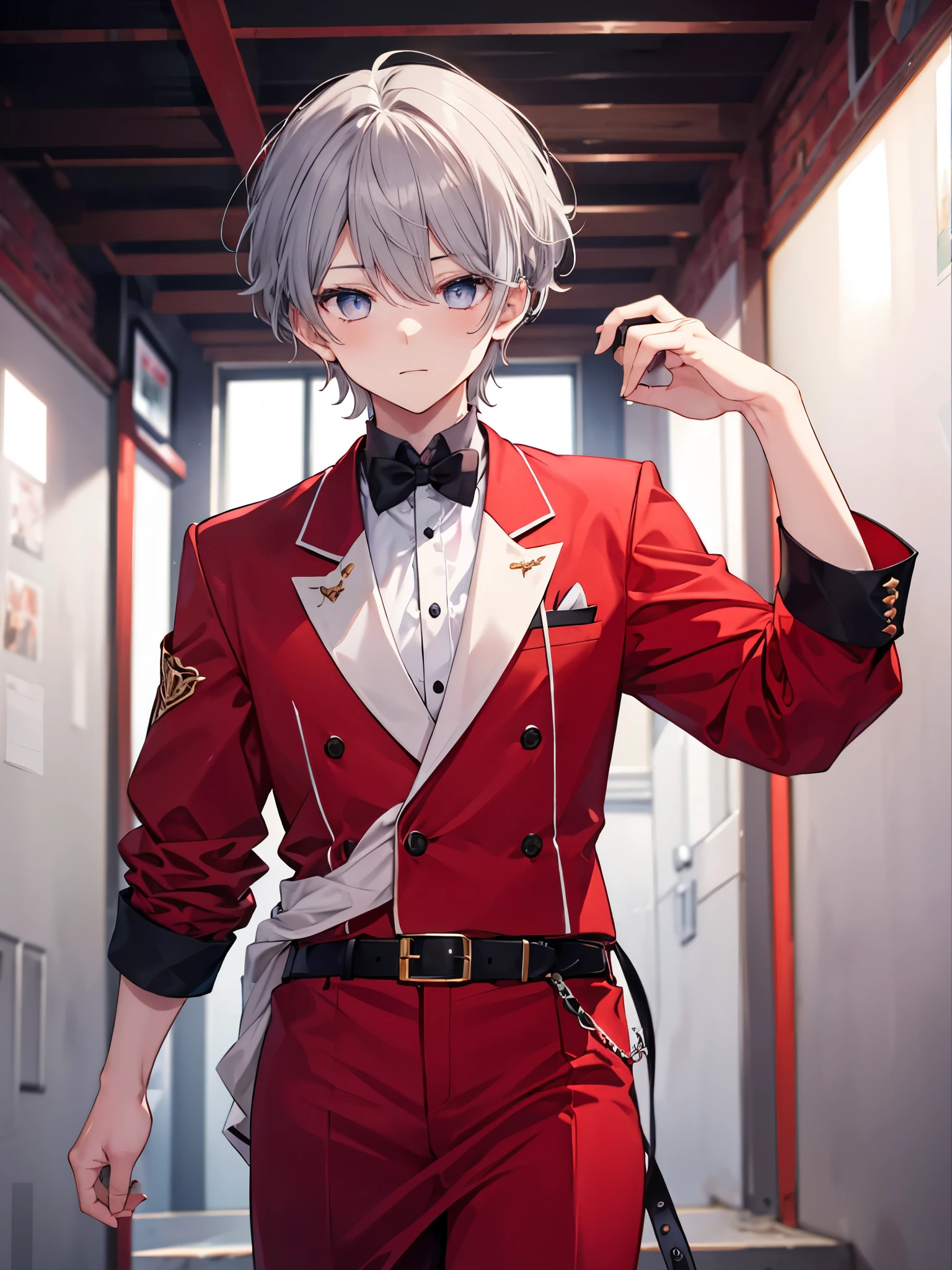 1boy, grey hair, beautiful boy, crimson color eyes, idol costume, red clothes