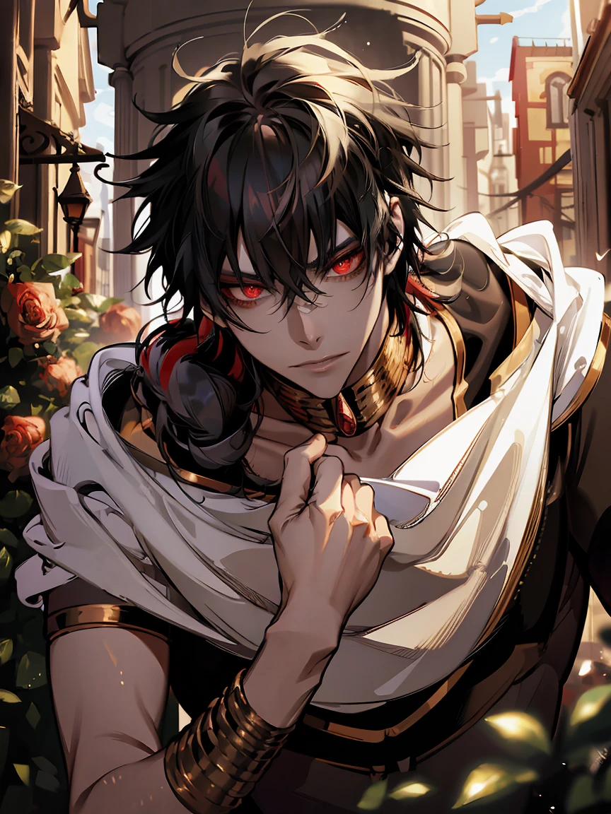 absurd resolution, high resolution, ultra detailed, HDR, master piece, best quality, extremely detailed face and eyes, beautiful vibrant eyes, Judar, Magi, black hair, expressive red eyes, solo, 1man only, handsome, garden, red roses