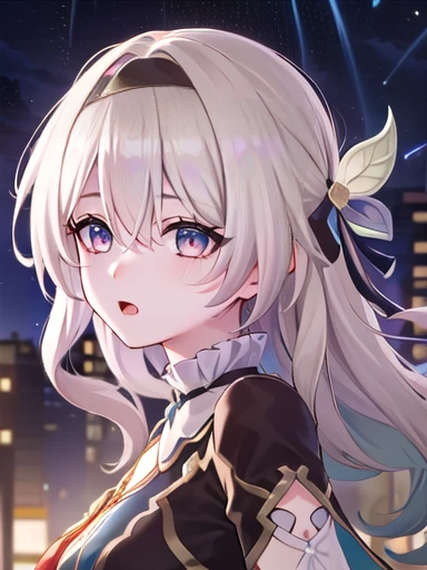 (masterpiece:1.3),((High resolution)),((high quality)),((Super detailed))、One girl、Perfect balance、((upper body:1.5))、(Perfect Face)、(Detailed face:1.5)、(Perfect in hand)、Cute face、(beautiful詳細な目)、(Expressive eyes)、Cute eyes、Shiny eyes、(Perfect body)、(beautiful体)、honkaiFirefly, fire Fly, (Purple eyes:1.3), Grey Hair, 蝶のhair ornaments, hair ornaments, Hair intake, Long Hair, (Bright Eyes:1.5), hair band, (head shot)、Embarrassing、blush、beautiful女の子、Cute face、beautiful顔、Cute face、beautiful、Best Quality、Good anatomy、((smile:1.5))、((Super detailedな背景)), Outdoor, Day, blue sky, ((Meteor shower sky:1.1))、Sky Light , Mistress Pose, ((8K Wallpaper)) , Looking straight ahead, Moody lighting,一面のblue sky
