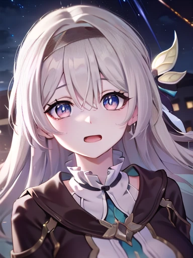 (masterpiece:1.3),((High resolution)),((high quality)),((Super detailed))、One girl、Perfect balance、((upper body:1.5))、(Perfect Face)、(Detailed face:1.5)、(Perfect in hand)、Cute face、(beautiful詳細な目)、(Expressive eyes)、Cute eyes、Shiny eyes、(Perfect body)、(beautiful体)、honkaiFirefly, fire Fly, (Purple eyes:1.3), Grey Hair, 蝶のhair ornaments, hair ornaments, Hair intake, Long Hair, (Bright Eyes:1.5), hair band, (head shot)、Embarrassing、blush、beautiful女の子、Cute face、beautiful顔、Cute face、beautiful、Best Quality、Good anatomy、((smile:1.5))、((Super detailedな背景)), Outdoor, Day, blue sky, ((Meteor shower sky:1.1))、Sky Light , Mistress Pose, ((8K Wallpaper)) , Looking straight ahead, Moody lighting,一面のblue sky