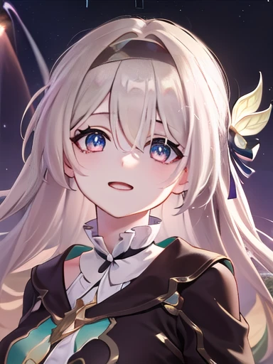 (masterpiece:1.3),((High resolution)),((high quality)),((Super detailed))、One girl、Perfect balance、((upper body:1.5))、(Perfect Face)、(Detailed face:1.5)、(Perfect in hand)、Cute face、(beautiful詳細な目)、(Expressive eyes)、Cute eyes、Shiny eyes、(Perfect body)、(beautiful体)、honkaiFirefly, fire Fly, (Purple eyes:1.3), Grey Hair, 蝶のhair ornaments, hair ornaments, Hair intake, Long Hair, (Bright Eyes:1.5), hair band, (head shot)、Embarrassing、blush、beautiful女の子、Cute face、beautiful顔、Cute face、beautiful、Best Quality、Good anatomy、((smile:1.5))、((Super detailedな背景)), Outdoor, Day, blue sky, ((Meteor shower sky:1.1))、Sky Light , Mistress Pose, ((8K Wallpaper)) , Looking straight ahead, Moody lighting,一面のblue sky