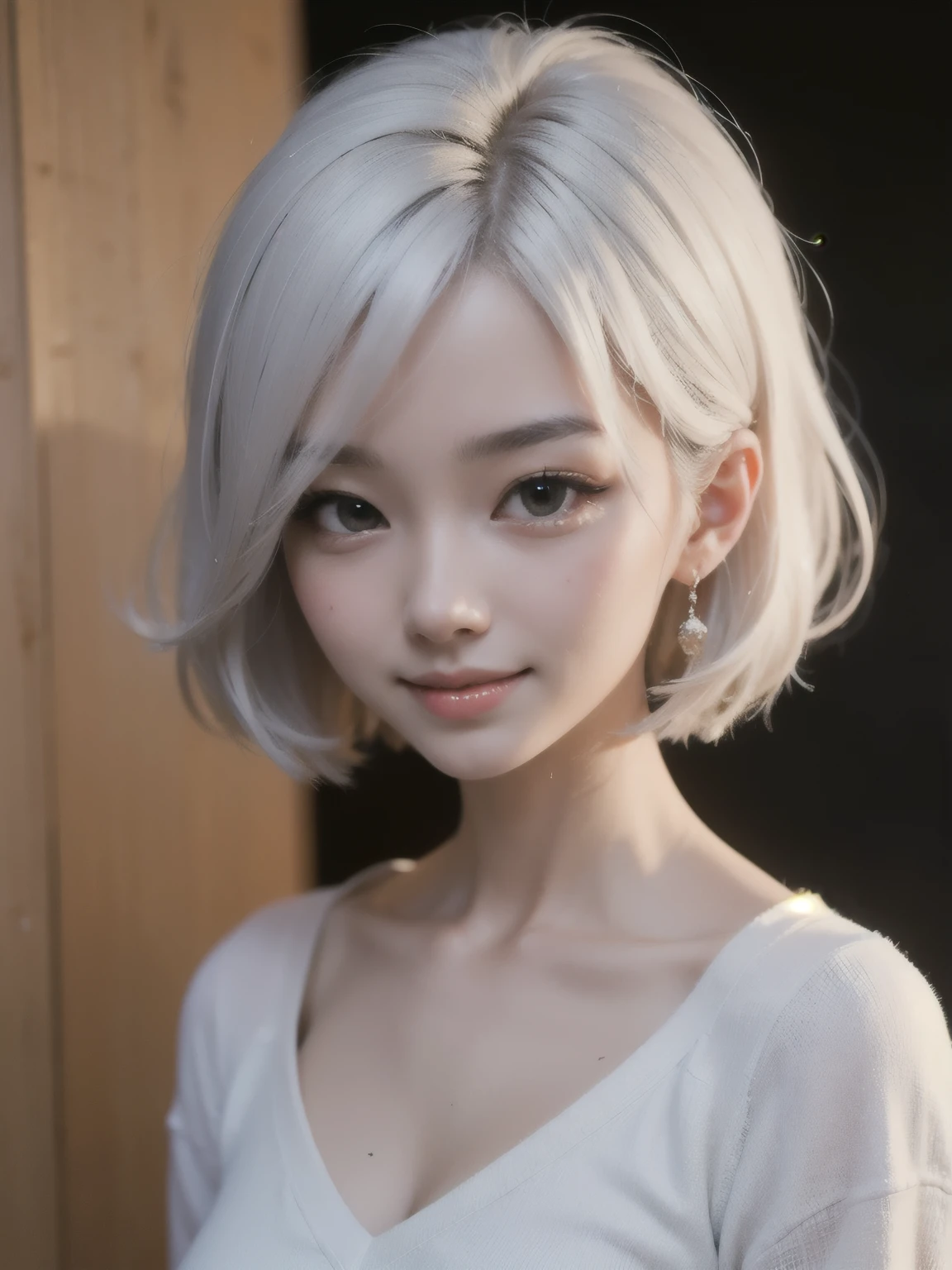 ((best quality)), ((masterpiece)), (detailed), perfect face. White hair. Anime girl. Short hair. Asian girl. Ulzzang. Smile. V neck. 