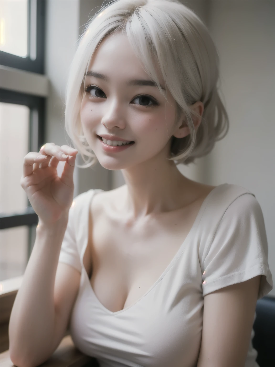((best quality)), ((masterpiece)), (detailed), perfect face. White hair. Anime girl. Short hair. Asian girl. Ulzzang. Smile. V neck.