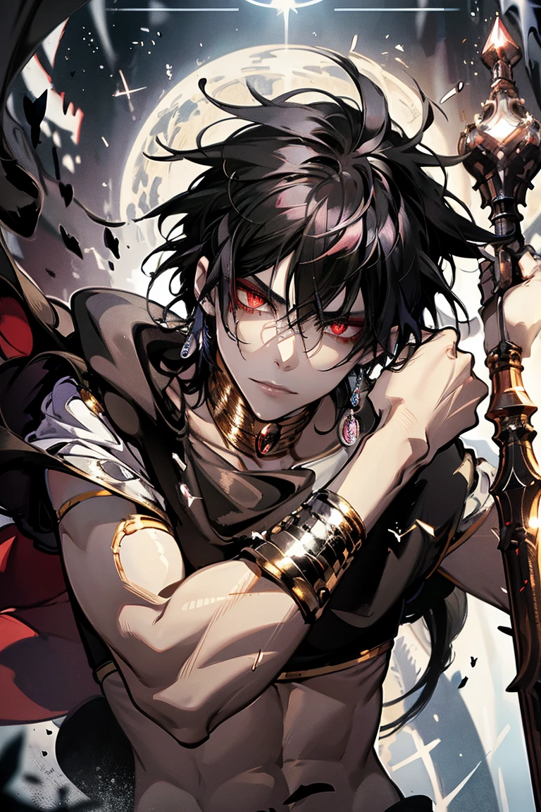 absurd resolution, high resolution, ultra detailed, HDR, master piece, best quality, extremely detailed face and eyes, beautiful vibrant eyes, Judal, Magi, black hair, expressive red eyes, solo, 1 man only, handsome,