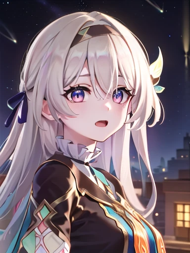 (masterpiece:1.3),((High resolution)),((high quality)),((Super detailed))、One girl、Perfect balance、((upper body:1.5))、(Perfect Face)、(Detailed face:1.5)、Orange ribbon,(Perfect in hand)、Cute face、(beautiful詳細な目)、(Expressive eyes)、Cute eyes、Shiny eyes、(Perfect body)、(beautiful体)、honkaiFirefly, fire Fly, (Purple eyes:1.3), Grey Hair, 蝶のhair ornaments, hair ornaments, Hair intake, Long Hair, (Bright Eyes:1.5), hair band, (head shot)、Embarrassing、blush、beautiful女の子、Cute face、beautiful顔、Cute face、beautiful、Best Quality、Good anatomy、((smile:1.5))、((Super detailedな背景)), Outdoor, Day, blue sky, ((Meteor shower sky:1.1))、Sky Light , Mistress Pose, ((8K Wallpaper)) , Looking straight ahead, Moody lighting,一面のblue sky