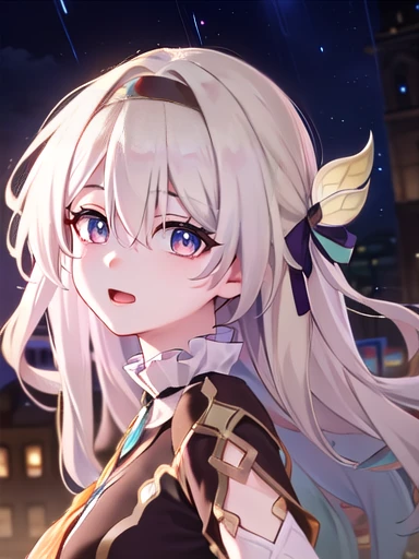 (masterpiece:1.3),((High resolution)),((high quality)),((Super detailed))、One girl、Perfect balance、((upper body:1.5))、(Perfect Face)、(Detailed face:1.5)、Orange ribbon,(Perfect in hand)、Cute face、(beautiful詳細な目)、(Expressive eyes)、Cute eyes、Shiny eyes、(Perfect body)、(beautiful体)、honkaiFirefly, fire Fly, (Purple eyes:1.3), Grey Hair, 蝶のhair ornaments, hair ornaments, Hair intake, Long Hair, (Bright Eyes:1.5), hair band, (head shot)、Embarrassing、blush、beautiful女の子、Cute face、beautiful顔、Cute face、beautiful、Best Quality、Good anatomy、((smile:1.5))、((Super detailedな背景)), Outdoor, Day, blue sky, ((Meteor shower sky:1.1))、Sky Light , Mistress Pose, ((8K Wallpaper)) , Looking straight ahead, Moody lighting,一面のblue sky