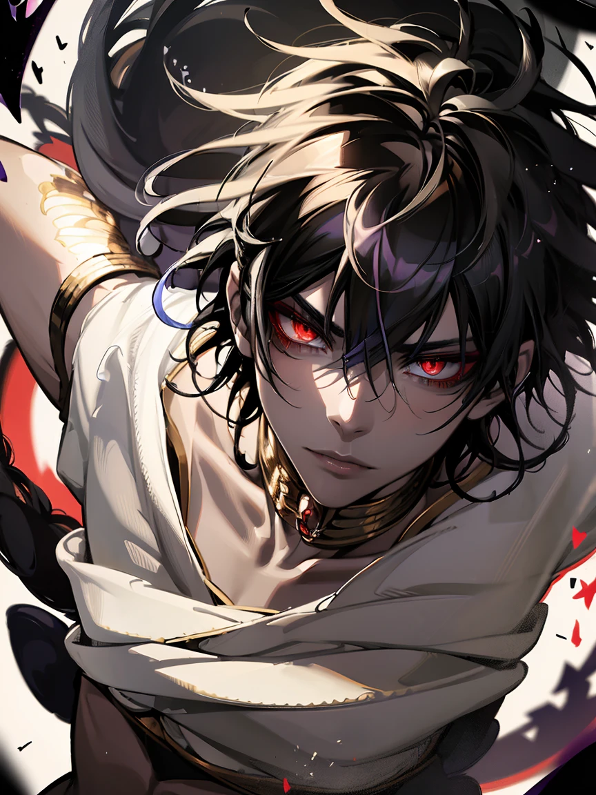 absurd resolution, high resolution, ultra detailed, HDR, master piece, best quality, extremely detailed face and eyes, beautiful vibrant eyes, Judal, Magi, black hair, expressive red eyes, solo, 1 man only, handsome