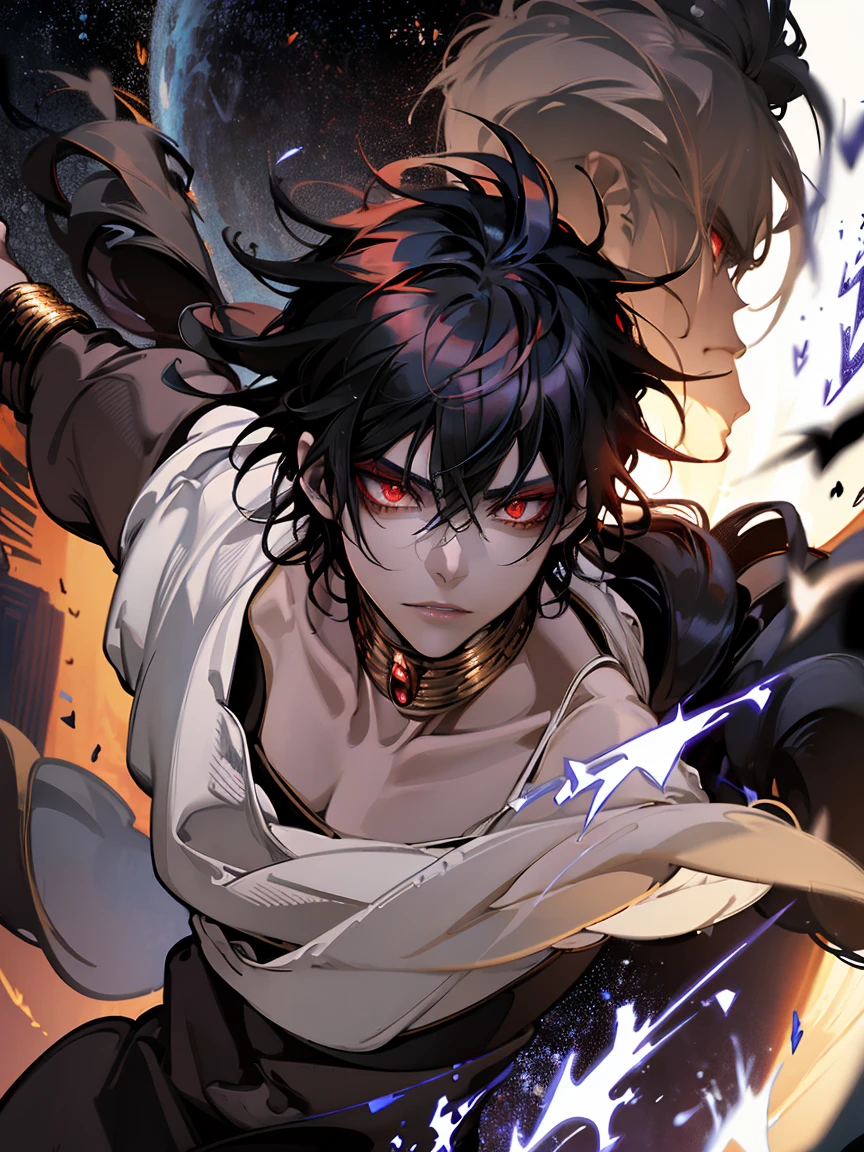 absurd resolution, high resolution, ultra detailed, HDR, master piece, best quality, extremely detailed face and eyes, beautiful vibrant eyes, Judal, Magi, black hair, expressive red eyes, solo, 1 man only, handsome