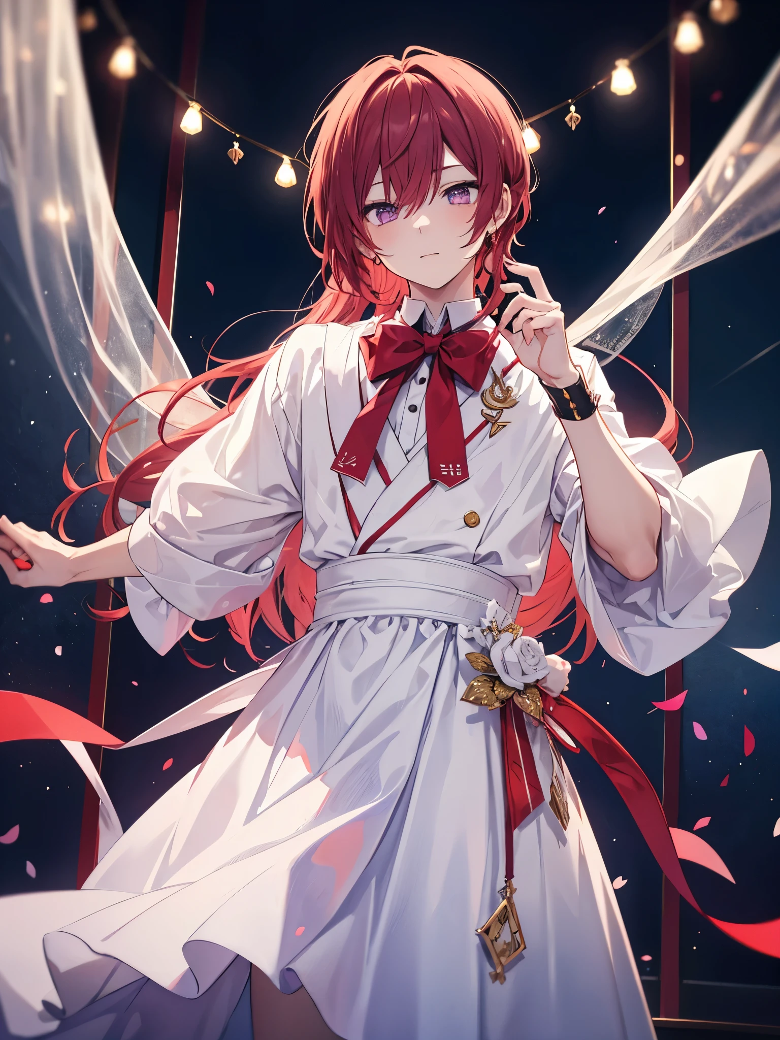 1boy, crimson red hair, beautiful boy, violet eyes, dress, idol costume, white clothes