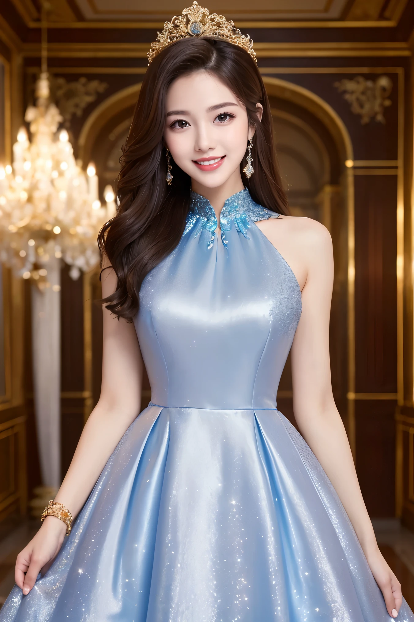 (highest quality、masterpiece、8k、Best image quality、Award-winning works)、1 female、(elegant luxury dress:1.1)、(Gorgeous glitter dress with intricate details:1.2)、Perfect Makeup、thin、The biggest smile is looking at me、(height: 140cm:1.2)、(Very short:1.2)、Standing full body photo、Perfect Anatomy、(A luxurious and gorgeous space々A party venue in a palace:1.1)、(Luxurious and spacious々The venue:1.1)、very bright and vivid、Beautiful eyes in ultra-high resolution、Ultra high resolution perfect beautiful teeth、Ultra-high definition beauty face、Ultra HD beautiful hair、Perfect teeth alignment
