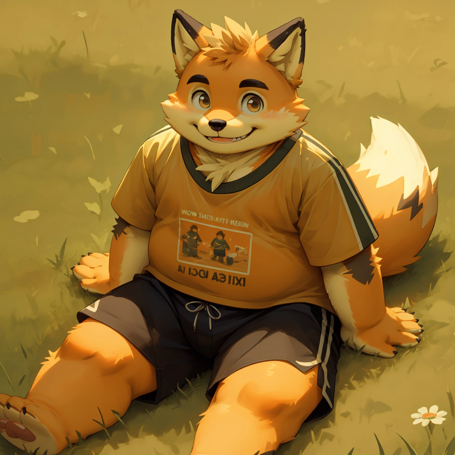 New Jersey 5 Furry，fox，Personal portrait,Exquisite，Chubby，Orange plush fur，Cute face，Black eyebrows，child，t-shirt，shorts，Sitting on the grass，Smile