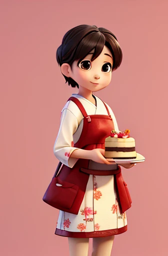 create an image of a Japanese woman with short hair holding a cake with the inscription "Happy Birthday"