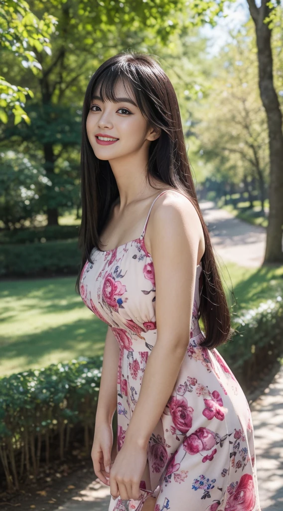 ((Best Quality, 8K, Masterpiece: 1.3)), Bondage Costume (5) Upper Body (1.3), Focus Clear: 1.2, Glossy Skin in the Light, Outstanding Beauty: 1.4, ((long straight black Hair with bangs , Colossal: 1.2)), Highly Detailed Face and porcelain white Skin Texture, plump body Not Too Dark Parallel Eyebrows Detailed Eyes, Double Eyelids, Smile (1.3) Natural Makeup, Walking in the Sun Through the Trees (5) wearing ((magenta )) floral red mini dress in the park