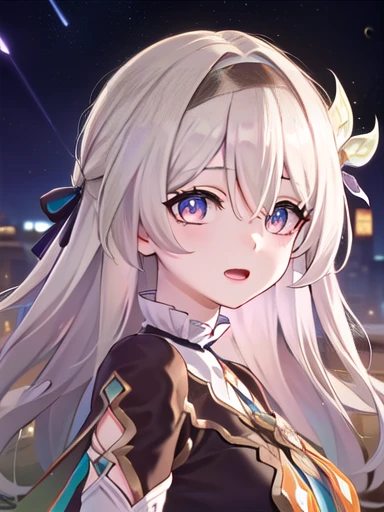 (masterpiece:1.3),((High resolution)),((high quality)),((Super detailed))、One girl、Perfect balance、((upper body:1.5))、(Perfect Face)、(Detailed face:1.5)、Orange ribbon,(Perfect in hand)、Cute face、(beautiful詳細な目)、(Expressive eyes)、Cute eyes、Shiny eyes、(Perfect body)、(beautiful体)、honkaiFirefly, fire Fly, (Purple eyes:1.3), Grey Hair, 蝶のhair ornaments, hair ornaments, Hair intake, Long Hair, (Bright Eyes:1.5), hair band, (head shot)、Embarrassing、blush、beautiful女の子、Cute face、beautiful顔、Cute face、beautiful、Best Quality、Good anatomy、((smile:1.5))、((Super detailedな背景)), Outdoor, Day, blue sky, ((Meteor shower sky:1.1))、Sky Light , Mistress Pose, ((8K Wallpaper)) , Looking straight ahead, Moody lighting,一面のblue sky,SNFW
