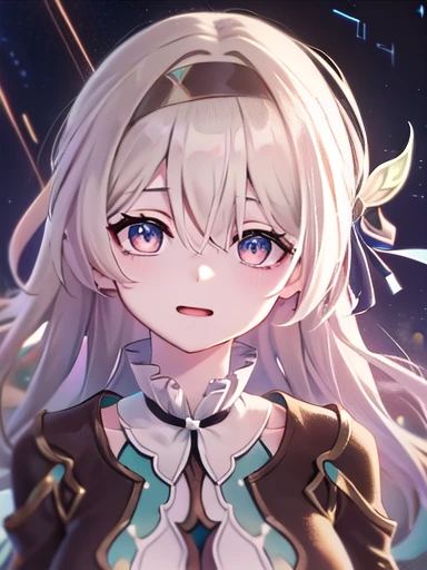 (masterpiece:1.3),((High resolution)),((high quality)),((Super detailed))、One girl、Perfect balance、((upper body:1.5))、(Perfect Face)、(Detailed face:1.5)、Orange ribbon,(Perfect in hand)、Cute face、(beautiful詳細な目)、(Expressive eyes)、Cute eyes、Shiny eyes、(Perfect body)、(beautiful体)、honkaiFirefly, fire Fly, (Purple eyes:1.3), Grey Hair, 蝶のhair ornaments, hair ornaments, Hair intake, Long Hair, (Bright Eyes:1.5), hair band, (head shot)、Embarrassing、blush、beautiful女の子、Cute face、beautiful顔、Cute face、beautiful、Best Quality、Good anatomy、((smile:1.5))、((Super detailedな背景)), Outdoor, Day, blue sky, ((Meteor shower sky:1.1))、Sky Light , Mistress Pose, ((8K Wallpaper)) , Looking straight ahead, Moody lighting,一面のblue sky,SNFW