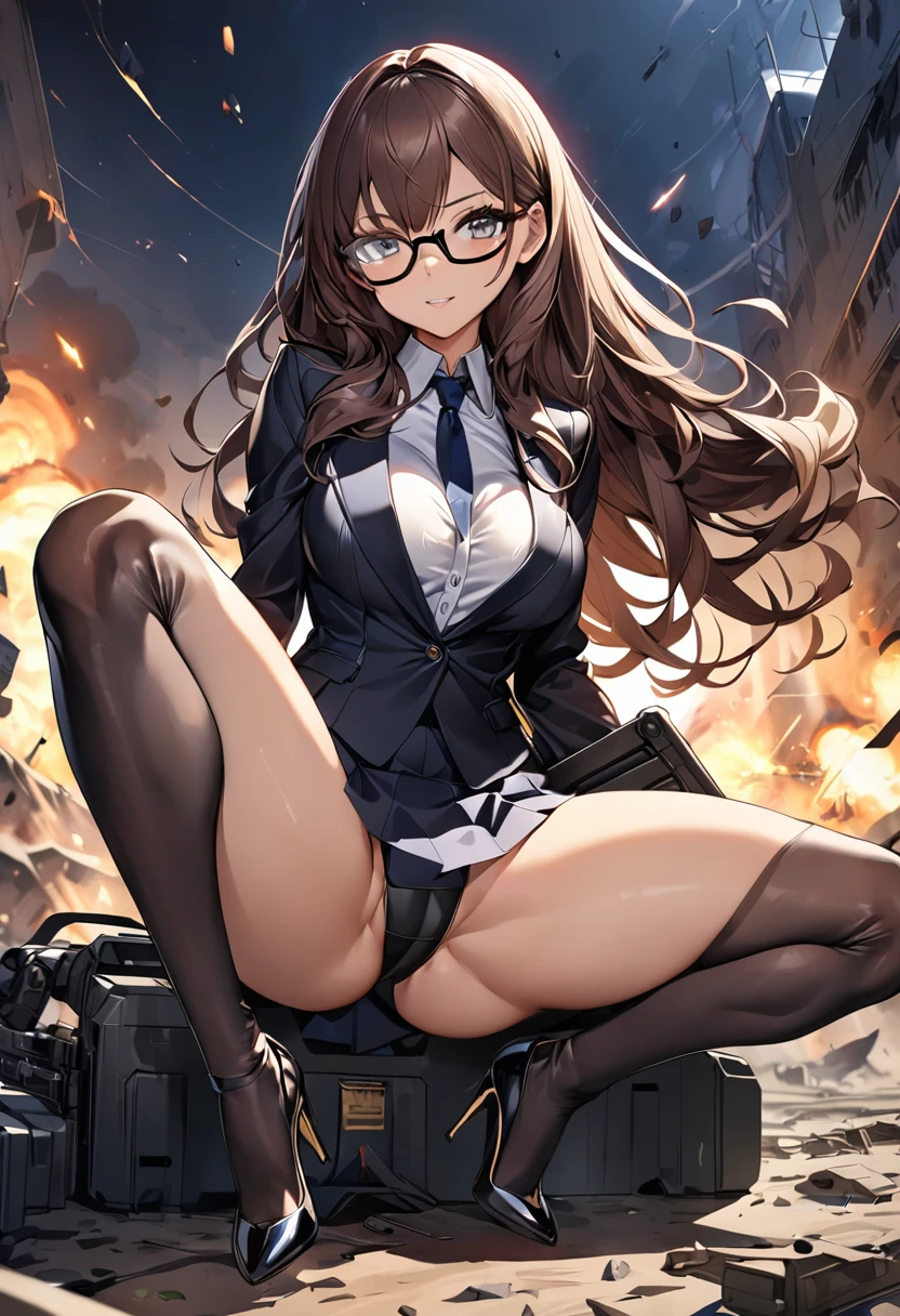 masterpiece、highest quality、Ultra-high resolution、Maximum resolution、Very detailed、Professional Lighting、anime、woman、thin、so beautiful、Sexy Suit、Mini tight skirt、High heels，Has an assault rifle、Grey Eyes、Brown Hair、long hair、Fingerless gloves、Equipped with shooting glasses、Alone on the battlefield、