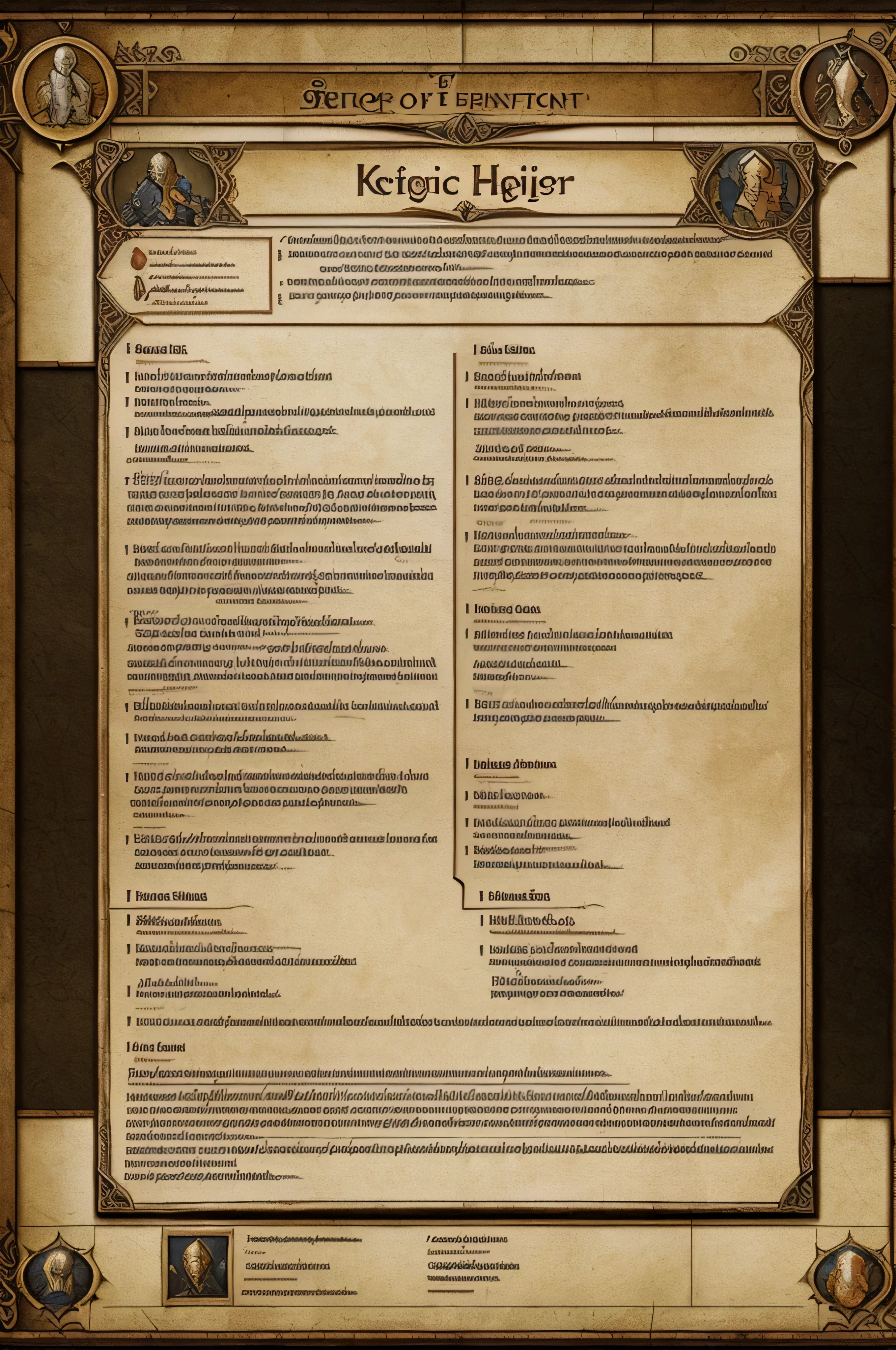 A page in a character sheet for hitpoint, designed in the style of a medieval tapestry, with elaborate borders depicting scenes of mythical creatures and epic battles. Within these borders are smaller boxes for recording character attributes and abilities, creating a visually stunning and immersive experience for players. (Inspiration: Medieval artwork, epic fantasy imagery)
