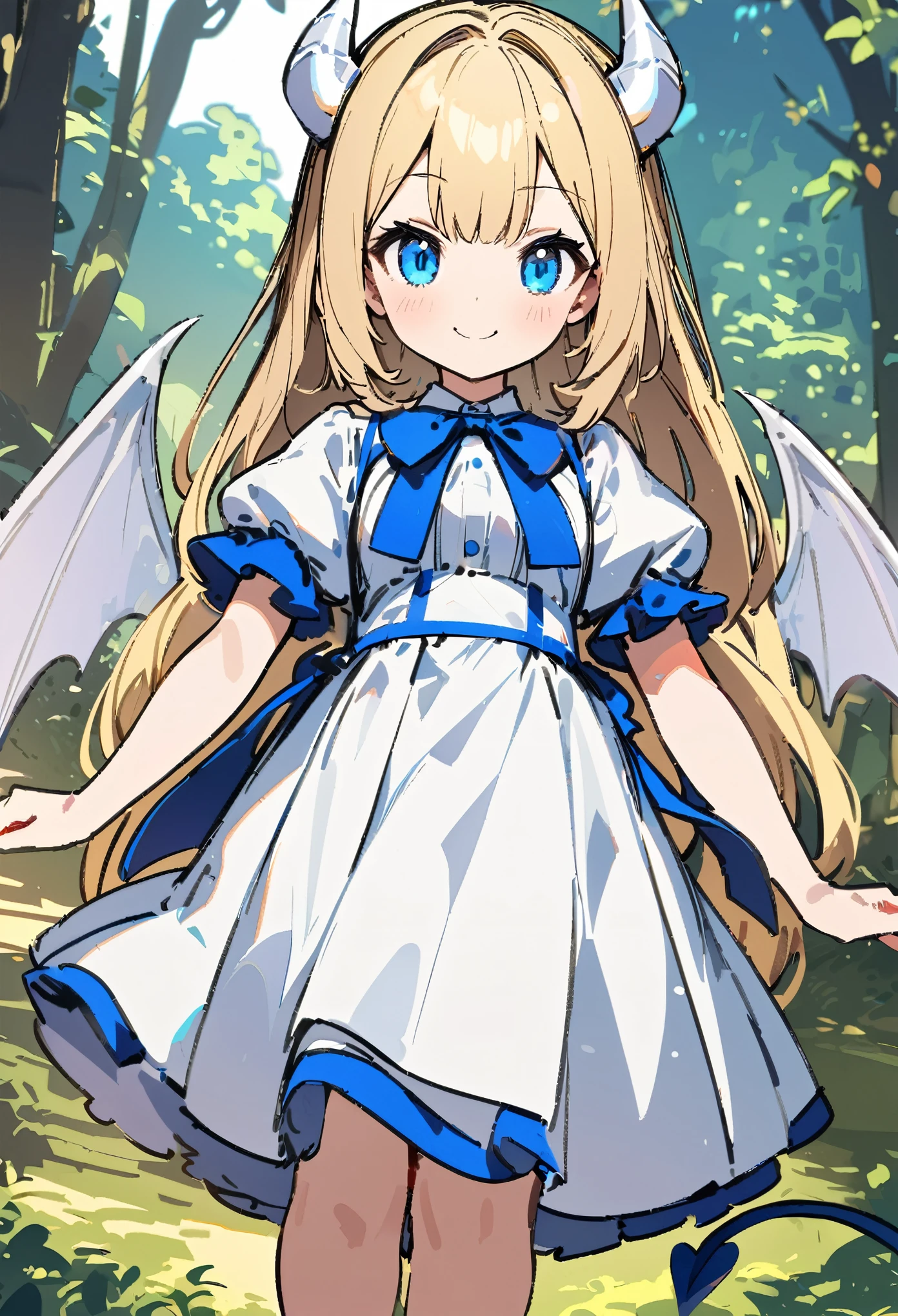 1girl, long blonde hair, blue eyes, younger person, white horns with blue ribbons, white spaded demon tail, white bat's wings, white dress, smiling at viewer, forest background, ultra-detailed, sketchy style, UHD, UHD, UHD