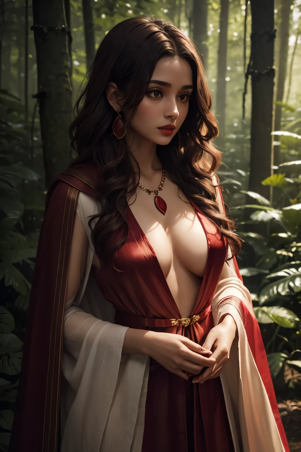 Rahja consecrated, young woman, brown curly hair, simple linen undergarment, over it a red transparent silk cloak, priestess robe, necklace with rose, sensual figure, in a forest, priestess, confused, sensual red lips, deep brown eyes,