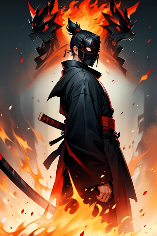 masked samurai standing, background on fire, back