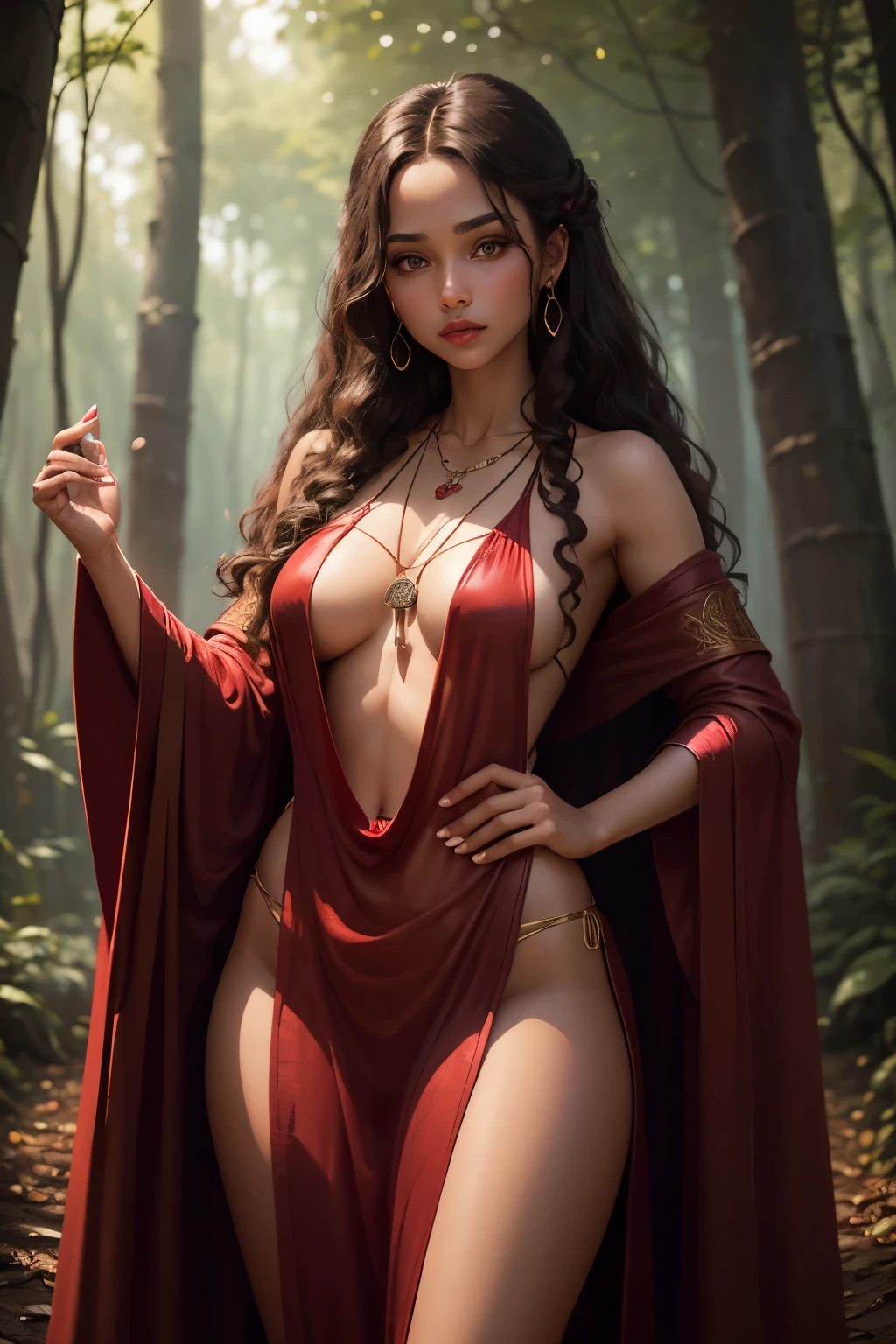 Rahja consecrated, young woman, brown curly hair, simple linen undergarment, over it a red transparent silk cloak, priestess robe, necklace with rose, sensual figure, in a forest, priestess, confused, sensual red lips, deep brown eyes,