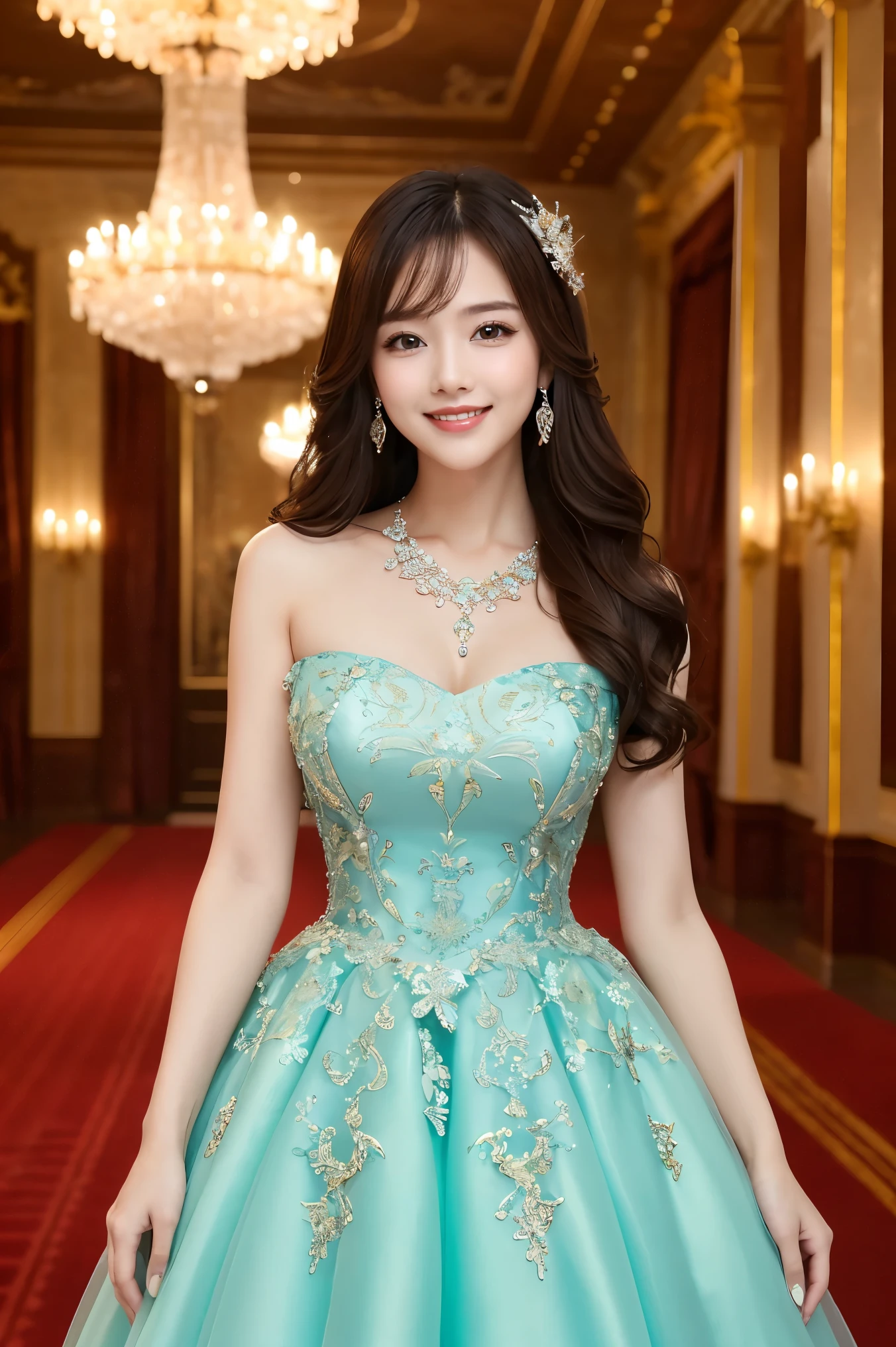 (highest quality、masterpiece、8k、Best image quality、Award-winning works)、1 female、(elegant luxury dress:1.1)、(Gorgeous glitter dress with intricate details:1.2)、Perfect Makeup、thin、The biggest smile is looking at me、(height: 140cm:1.2)、(Very short:1.2)、Standing full body photo、Perfect Anatomy、(A luxurious and gorgeous space々A party venue in a palace:1.1)、(Luxurious and spacious々The venue:1.1)、very bright and vivid、Beautiful eyes in ultra-high resolution、Ultra high resolution perfect beautiful teeth、Ultra-high definition beauty face、Ultra HD beautiful hair、Perfect teeth alignment