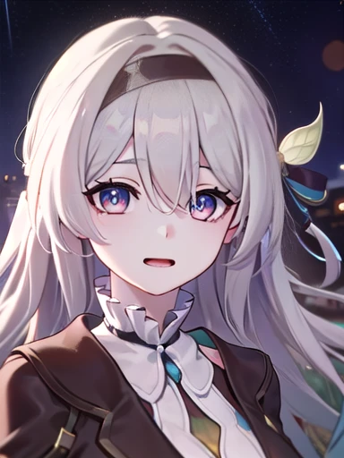(masterpiece:1.3),((High resolution)),((high quality)),((Super detailed))、One girl、Perfect balance、((upper body:1.5))、(Perfect Face)、(Detailed face:1.5)、Orange ribbon,(Perfect in hand)、Cute face、(beautiful詳細な目)、(Expressive eyes)、Cute eyes、Shiny eyes、(Perfect body)、(beautiful体)、honkaiFirefly, fire Fly, (Purple eyes:1.3), Grey Hair, 蝶のhair ornaments, hair ornaments, Hair intake, Long Hair, (Bright Eyes:1.5), hair band, (head shot)、Embarrassing、blush、beautiful女の子、Cute face、beautiful顔、Cute face、beautiful、Best Quality、Good anatomy、((smile:1.5))、((Super detailedな背景)), Outdoor, Day, blue sky, ((Meteor shower sky:1.1))、Sky Light , Mistress Pose, ((8K Wallpaper)) , Looking straight ahead, Moody lighting,一面のblue sky,(SNFW:1.5)