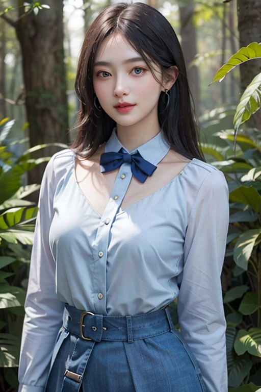 a cute girl,20 yo,Light Blue eyes, black hair, Long Bohemian Hairstyle, wearing (Sky Blue) A-line skirt and blouse, at A dark, mysterious forest with twisted branches and creeping vines, front view, earrings,bowtie, during midday,Cinematic lighting , ((masterpiece)), (best quality), (highres), original, extremely detailed 8K , (photorealistic:1.4),flawless face, perfect eyes,symmetrica body shape,(full body),smile,