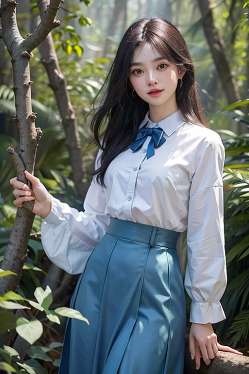 a cute girl,20 yo,Light Blue eyes, black hair, Long Bohemian Hairstyle, wearing (Sky Blue) A-line skirt and blouse, at A dark, mysterious forest with twisted branches and creeping vines, front view, earrings,bowtie, during midday,Cinematic lighting , ((masterpiece)), (best quality), (highres), original, extremely detailed 8K , (photorealistic:1.4),flawless face, perfect eyes,symmetrica body shape,(full body),smile,